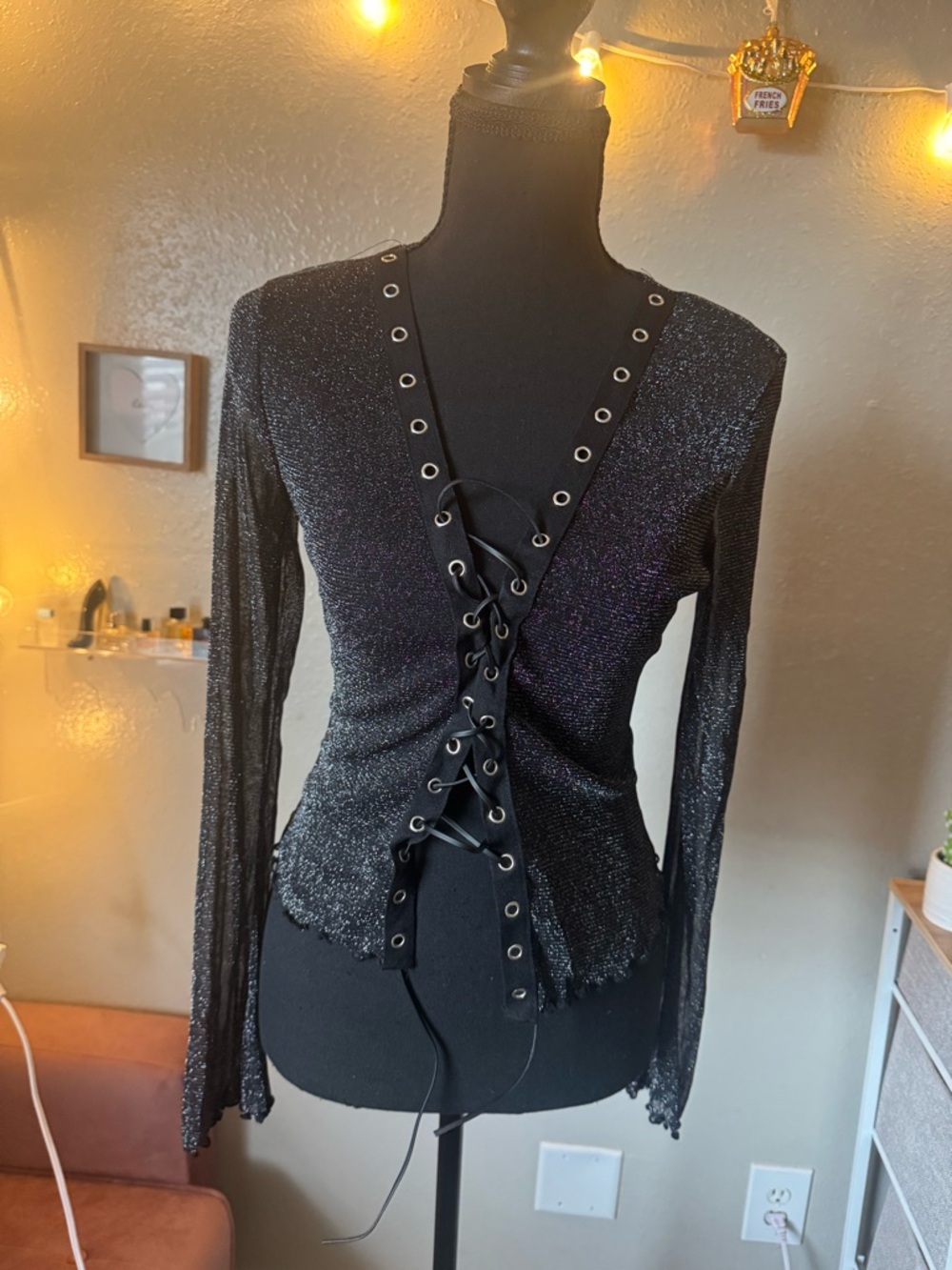 Shimmery Lace-Up Long Sleeve Top - Black